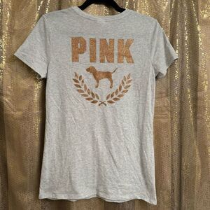 PINK Victorias Secret Rosegold Gray Glitter Logo T-Shirt Small